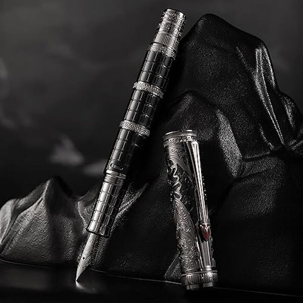 Hong Dian D5 Qin Dynasty Fountain Pen Silver Black Extra Fine Tip Piston Filler Pen Chinese Retro Totem Engraved Soft Writing Pen with Pen Box Set
