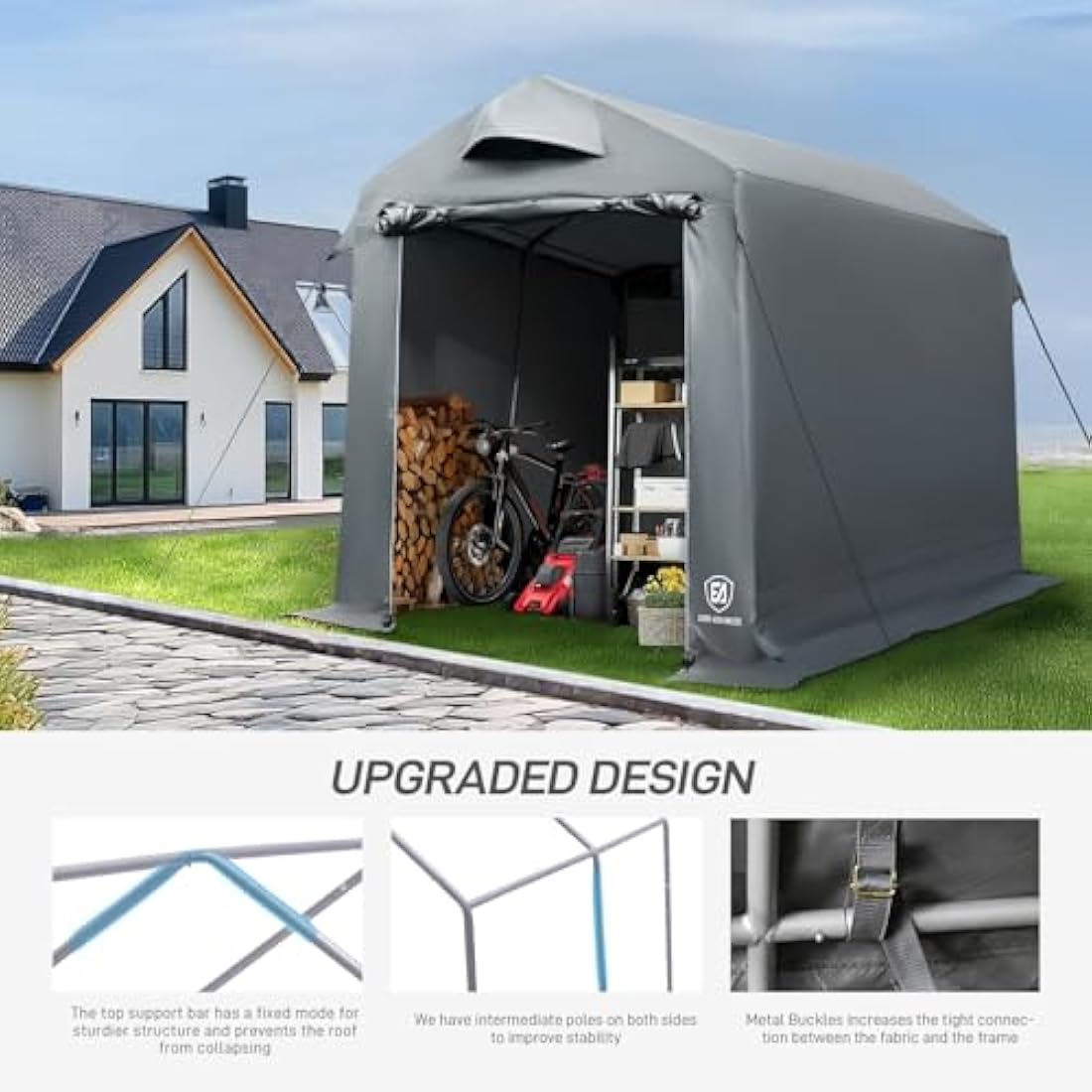 EVER ADVANCED Outdoor Shelter with Vents, 3000mm Water Resistant Tent for Outside, Heavy Duty Shed for Motorcycle, Bike, Garden Storage, Foldable, Portable Garage, Gray
