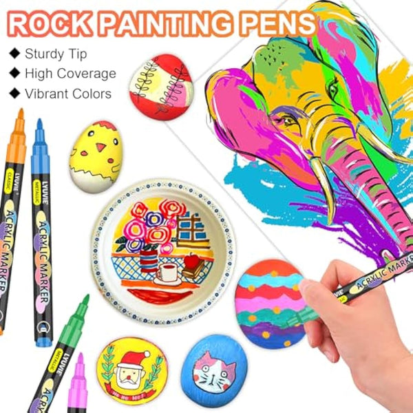 Lyuvie Acrylic Paint Pens,100 Colours Acrylic Pens for Rock Painting Fabric Glass Pebbles Stone Metal Wood Ceramic,Water-Based Permanent Paint Pens Markers with 0.7mm Extra Fine Tip