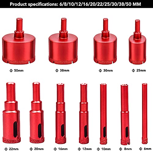 11 Pcs Tile Hole Cutter Set Diamond Drill Bit Kit Brazing Core Hole Saw Set Hole Saws Mandrels 6mm - 50mm, Hollow Core Drill Bit Set for Glass, Porcelain, Ceramic, Granite Stone