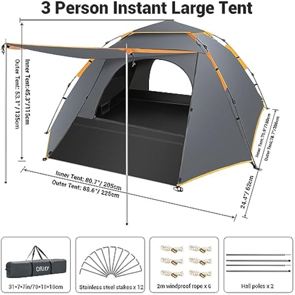 Cflity Camping Tent, 3 Man Pop Up Tent Automatic Instant Three Layer Waterproof 4 Season Large Dome Tent & Shelters with Extended Floor Mat Porch 2 Hall Poles Removable Rainfly