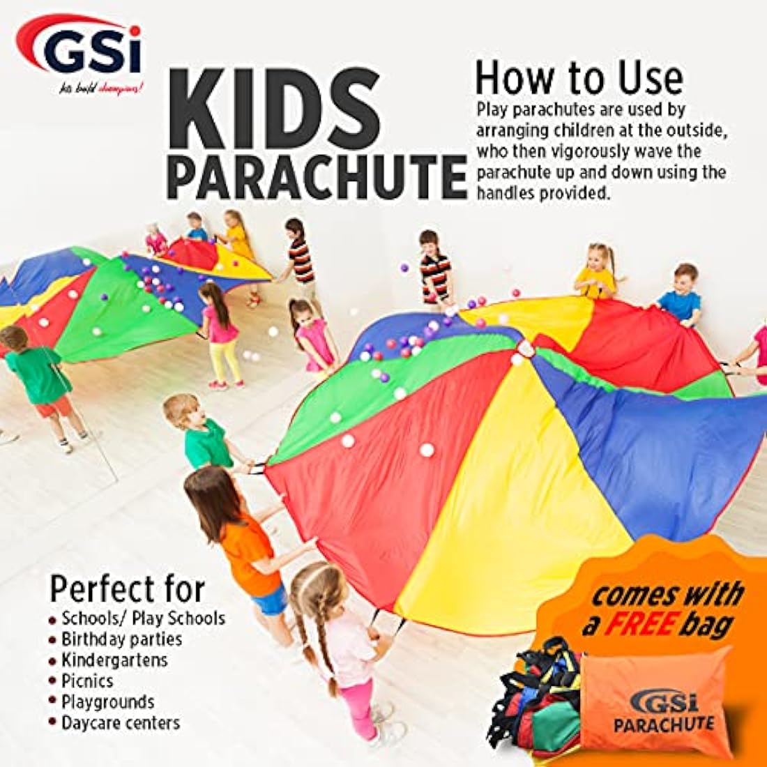 GSi Kids Play Parachute Rainbow Parachute Toy Tent Game for Children Gymnastic Cooperative Play and Outdoor Playground Activities (30 Feet)