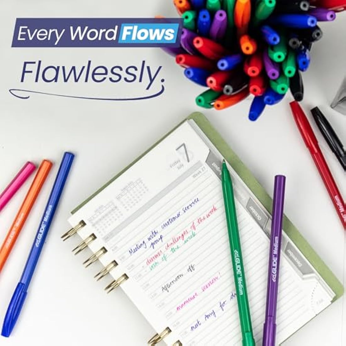 Eziglide 50-Pack Ballpoint Pen Set, 5 Assorted Colours – Medium Point Nib (1.0mm) for Precise Writing & Ergonomic Grip – Writing Pens for Home, Office, Teachers, Exams, Work, and Stationary Use