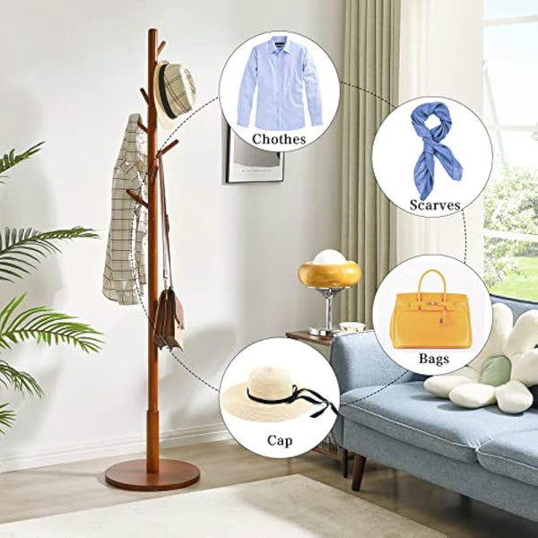IBUYKE Free Standing Hall Coat Tree with 8 Hooks, Stand Tree Rack with Round Base, Entryway Coat Stand for Purses, Clothes, Scarves, for Hallway, Bedroom, Living Room, Brown WD-113