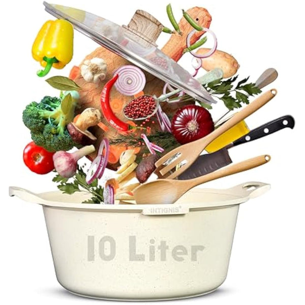 INTIGNIS® Casserole Pot with lid – Large 32cm | 10 Litre | 15 Inches – Induction Compatible – GREBLON Ceramic Non Stick Chemical Free Coating White