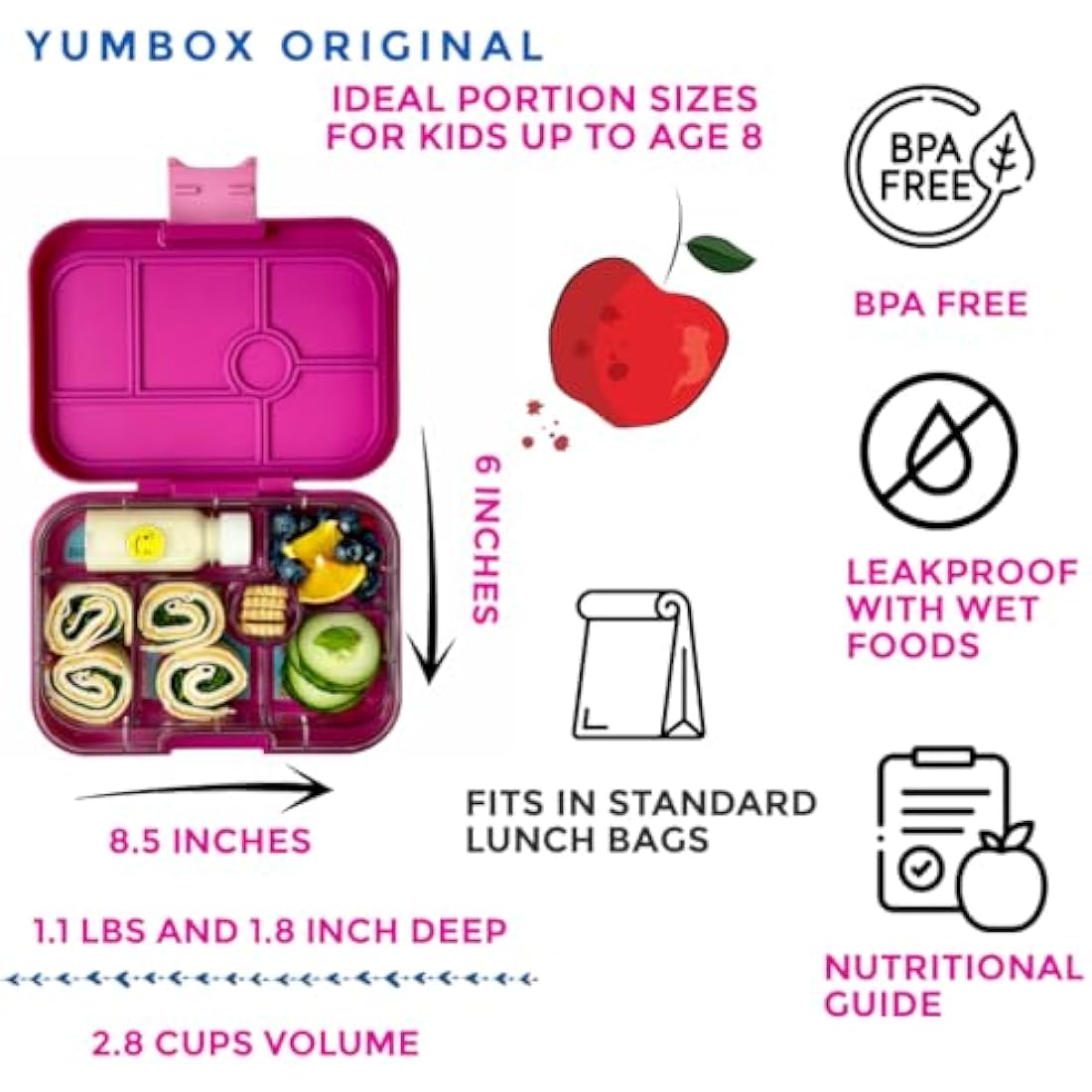 yumbox Original Leakproof Kids Bento Lunch Box, 5 Compartments + Dip Well, Easy-Open Latch, Portion Control, Removable Illustrated Tray, Ages 3-7 (Malibu Purple (Mermaid Tray))