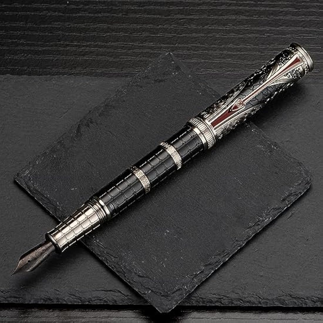 Hong Dian D5 Qin Dynasty Fountain Pen Silver Black Extra Fine Tip Piston Filler Pen Chinese Retro Totem Engraved Soft Writing Pen with Pen Box Set