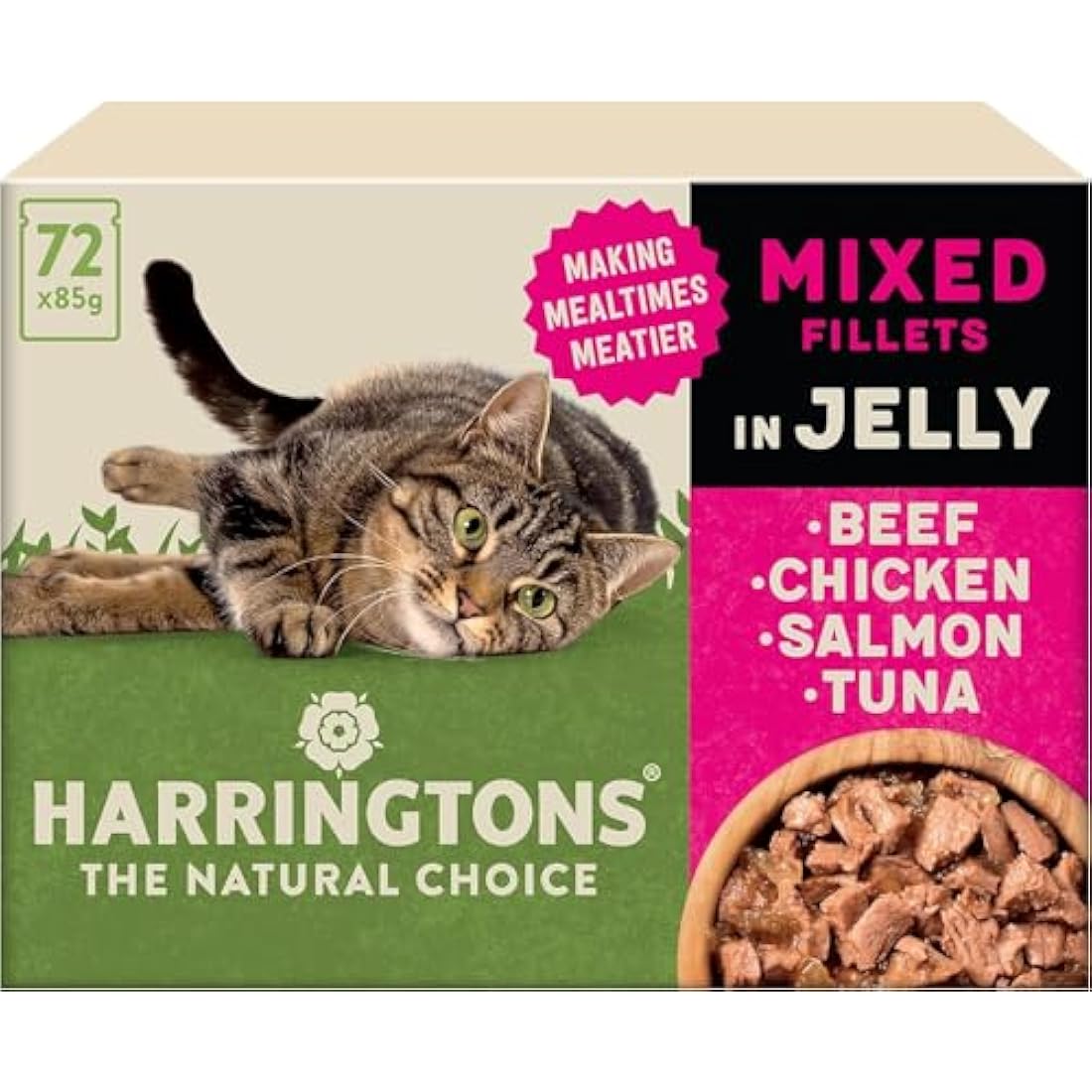Harringtons Complete Wet Pouch Grain Free Hypoallergenic Adult Cat Food Mixed in Jelly Pack 72x85g - Beef, Chicken, Salmon & Tuna- Making Mealtimes Meatier