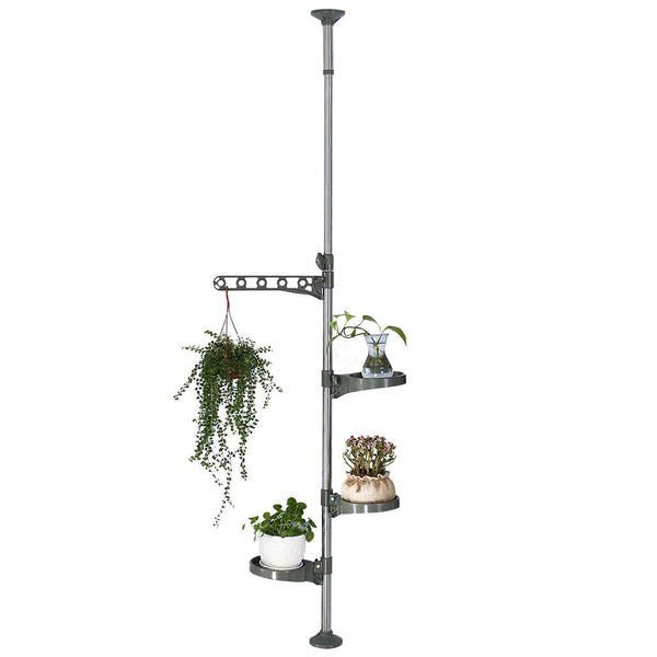 Hershii Indoor Plant Stand Pole Tension Rod Corner Standing Shelf Adjustable Flower Pots Holder Display Rack with 1 Hook & 3 Trays - Grey