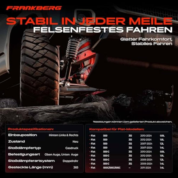 Frankberg 2x Shock absorber Gas pressure Rear axle Compatible with 500 312 Hatchback 2007-2025 500 C 312 Convertible 2007-2025 Replace# 50709082