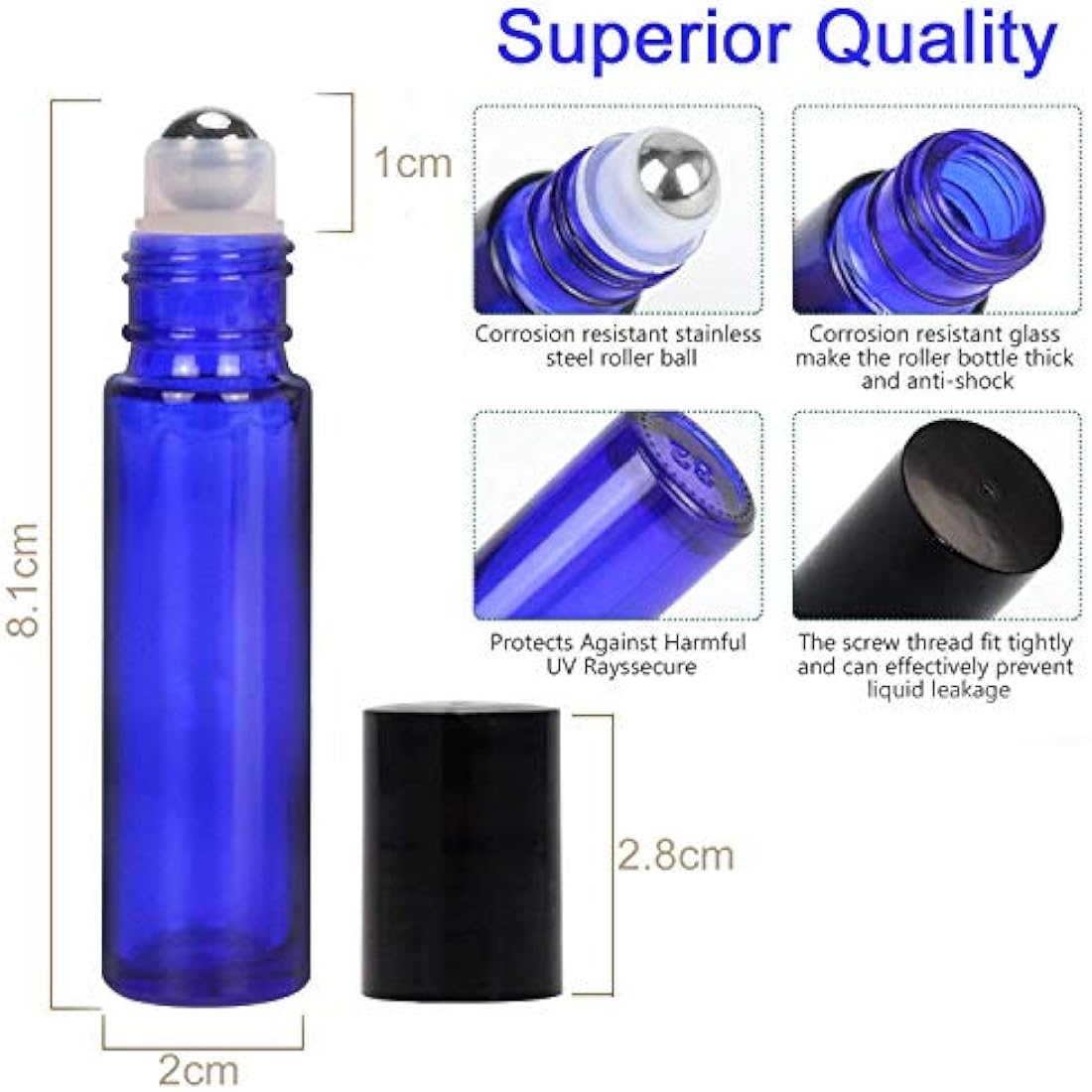 Alledomain 8Pcs 10ml Essential Oils Roller Bottles, Refillable Cobalt Blue Glass Roll on Bottles with Stainless Steel Balls, Include 12 Labels, 1 Dropper & Opener, Perfect for Aromatherapy