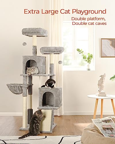 FourFurPets Indoor Cat Scratching Post 156 cm with Sisal Stairs, 2 Platforms, 2 Caves, Hammock, Caves, Plush Balls, Light Grey