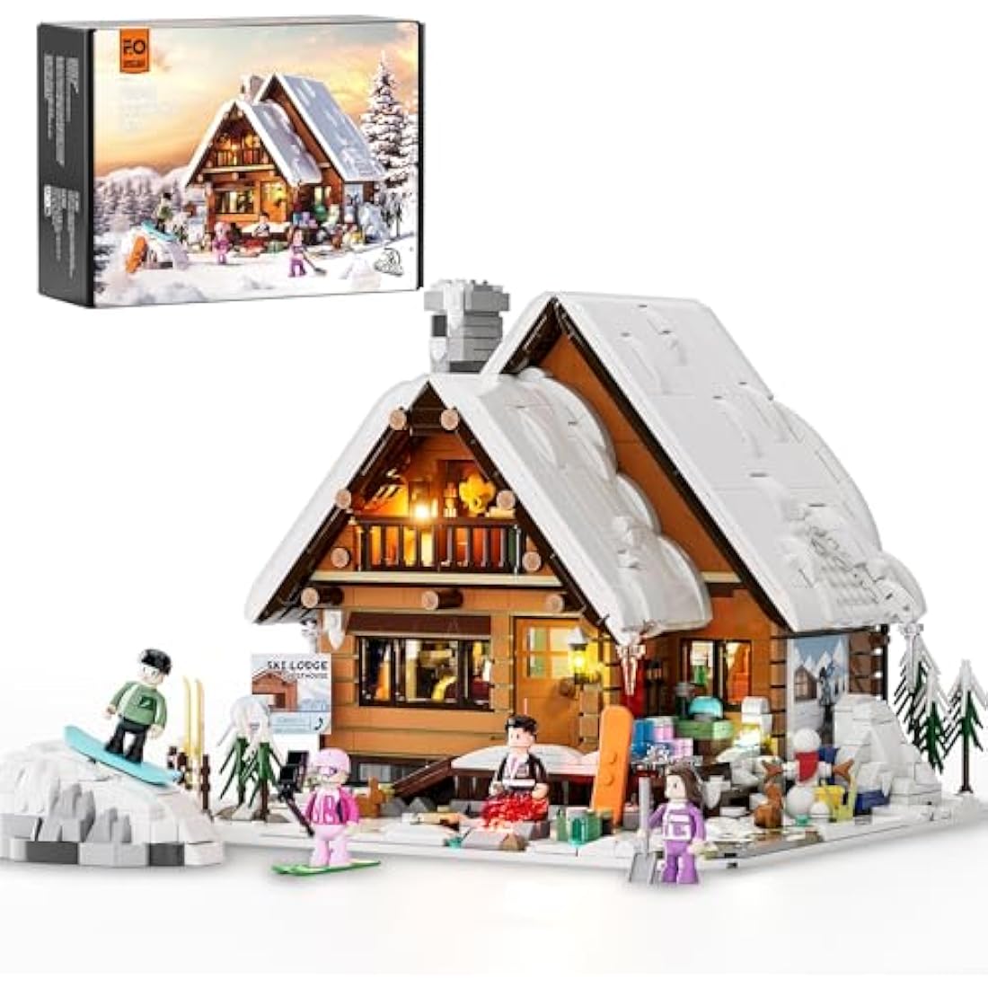 FUNWHOLE Ski Lodge Building Set with LED Lights – 2187 Bricks Retro Chalet Model | Winter Landscape to Build | Spring & Summer Decoration | Gift Idea for Teens & Adults