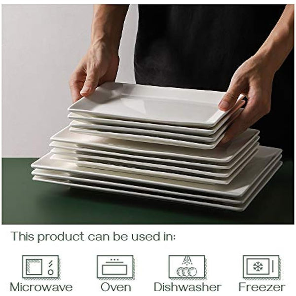 DOWAN Serving Platter – 12" x 6" White Ceramic Rectangular Plates – Set of 4 Oblong Porcelain Dishes for Sushi, Appetisers, Party Food, Steak, Cake, Dessert – Dishwasher Safe