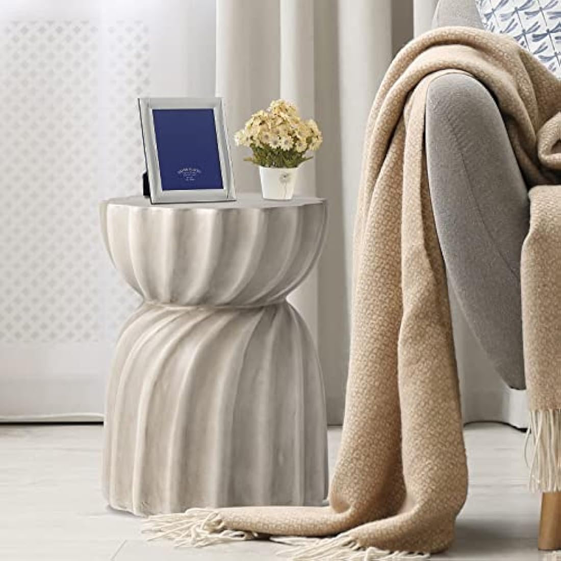 HOMPUS Unique Outdoor Concrete Side Table, Garden Stool, Round Patio MgO End Table, Lightweight Small Accent Table for Indoor Outdoor Use, Patio, Garden, Backyard, Natural Grey