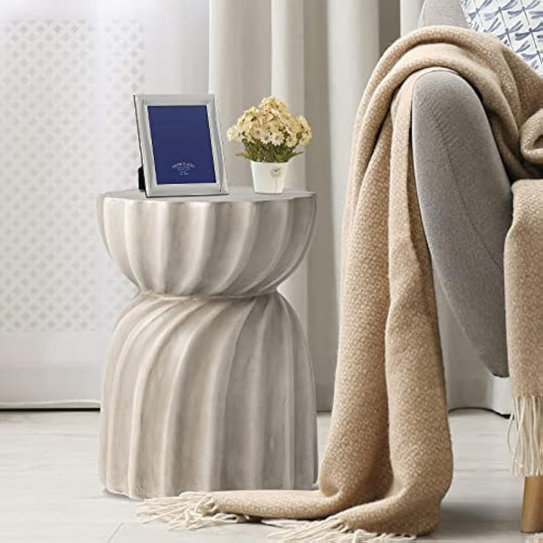 HOMPUS Unique Outdoor Concrete Side Table, Garden Stool, Round Patio MgO End Table, Lightweight Small Accent Table for Indoor Outdoor Use, Patio, Garden, Backyard, Natural Grey