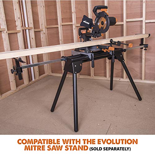 Evolution Power Tools R210SMS+ Sliding Mitre Saw With Multi-Material Cutting, Cuts Wood, Metal, Plastic & More, 45° Bevel, 50° Mitre, 230mm Slide, 1500 W (230 V)