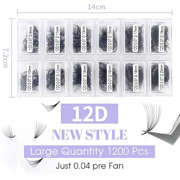 12D Premade Fans Eyelash Extensions 1200PCS Pre Made Fans Lashes 0.07mm C Curl Mixed Tray 9-20mm Handmade Loose Volume Lash Extension Premade Lash Fans (1200-12D-0.07-C-920)