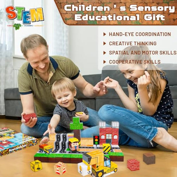 Annexfun Magnetic Blocks-100PCS Magnetic Building Blocks Road with Car STEM Toddler Kids Toys, Stacking Cube Games Tiles Construction Toys for Kids Ages 3+, Christmas Birthday Gifts for Boys & Girls