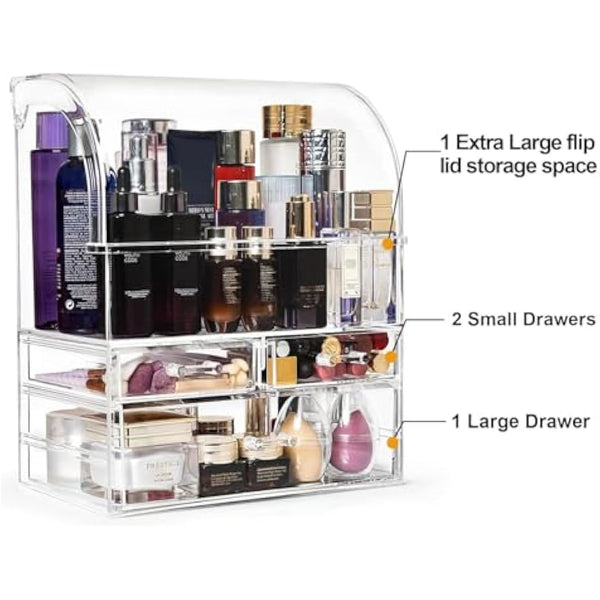 SIOOUI Cosmetic Organizer, Large Acrylic Clear Cosmetics Storage Display Case with Drawers, Perfume Makeup Organizer Box with Waterproof Cover for Bedroom Vanity Desk,Counter, Bathroom, Dresser