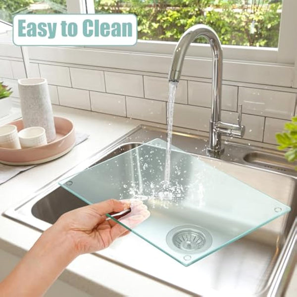 Hacaroa 4 Pack Tempered Glass Cutting Board with Rubber Feet, Rectangle Non-Slip Chopping Board, Long Lasting Clear Glass Tray for Kitchen Countertop, Table, Shatter-Resistant, Heat-Resistant, 2 Size