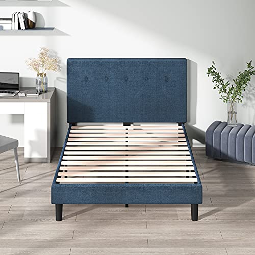 Zinus Omkaram Single Bed frame - Bed 90x190 cm - 36 cm Height - Upholstered Platform Bed frame with Wood slat support - Navy Blue