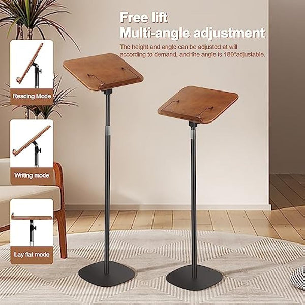 aleawol Wood Book Stand Adjustable Height and Angle, Cookbook Holder Reading Book Stand with Page Paper Clips, Wooden Tablet Holder Floor Book Stands for Reading Drawing