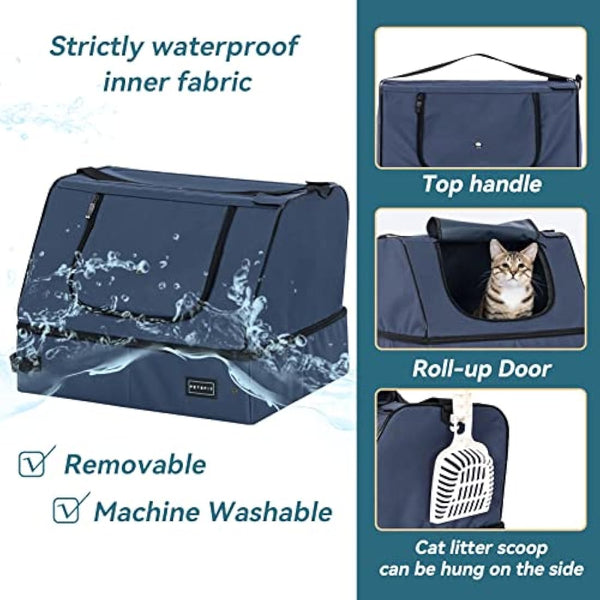 PETSFIT Travel Litter Box for Cats - Removable and Washable 2-Layer Leak-Proof Lining, Scratch-Resistant Fabric with Sturdy Support Frame, Cat Collapsible & Travel Litter Box, Lightweight Blue
