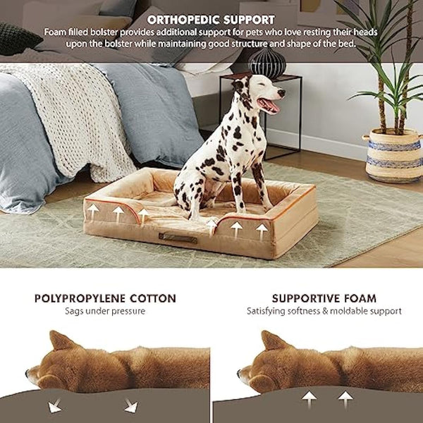 Codi Large Memory Foam Layer Dog Bed, Washable Orthopedic Dogs Beds Couch with Removable Zipper Cover, Waterproof Pet Sofa with U-Shape Bolster, Khaki, 91x68x(7.5+8.9) cm