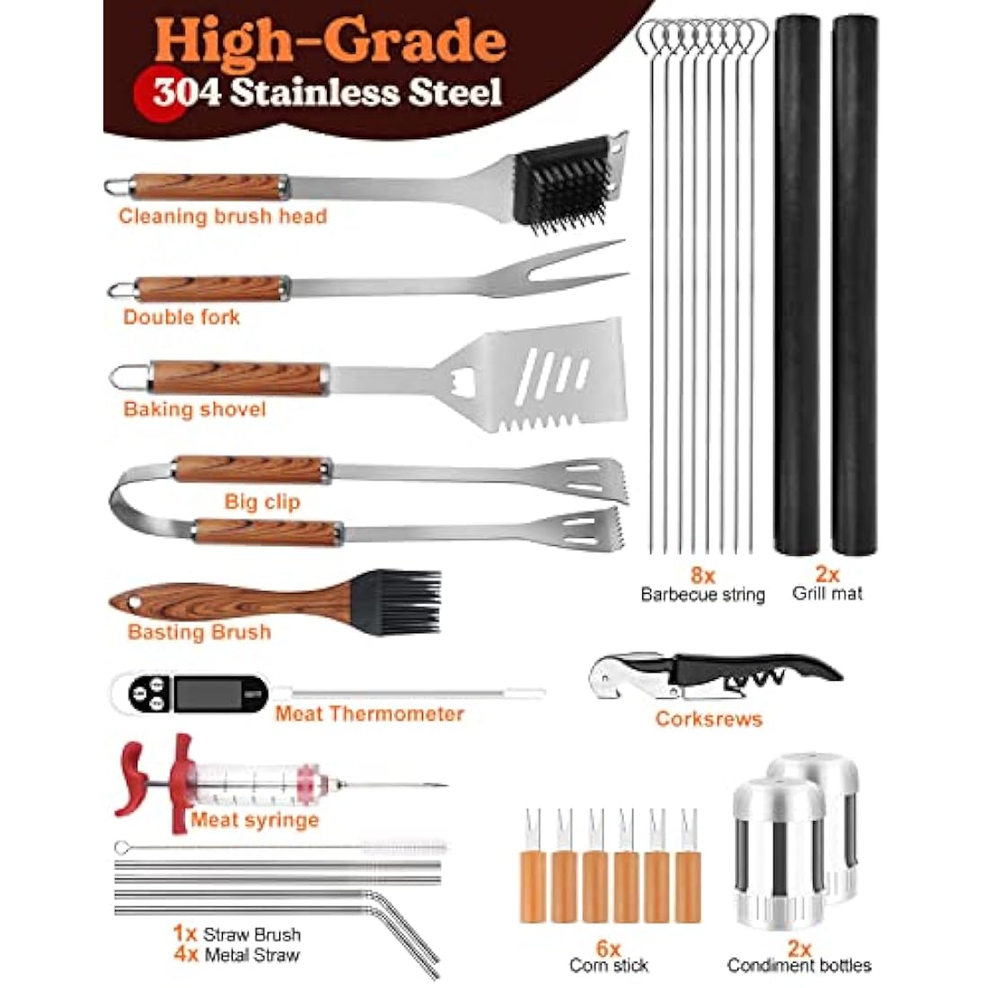 KALAHOL 32-in-1 BBQ Tools Set Extra Thick Stainless Steel Grill Tool Set with Gift Wrapping Box, Premium Complete Outdoor BBQ Utensils Set Professional BBQ Accessories BBQ Kit for Men and Women Gift
