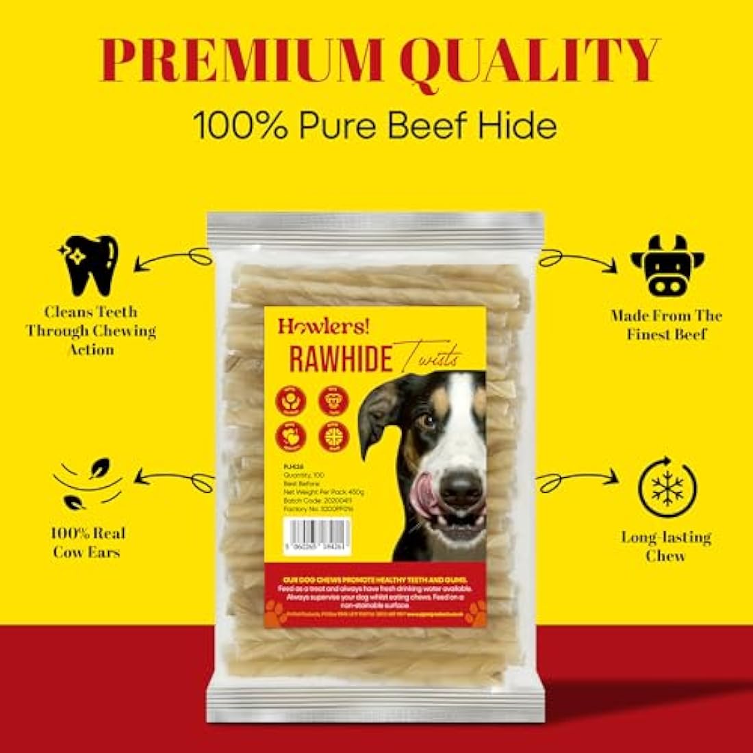 HOWLERS Natural 13cm Pack of 100 Dog Chew Rawhide Twists | Natural Dog Chews Stick For All Dogs | Delicious Dog Chew Sticks For Your Furry Friend