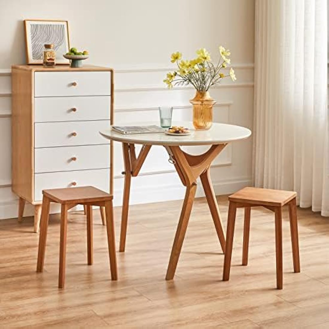 IBUYKE 4pcs Square Wooden Stool, Stacking Stools, Solid Wood Makeup Stool, Small stool for Home, Kitchen, Office, Classroom, RF-1502-4