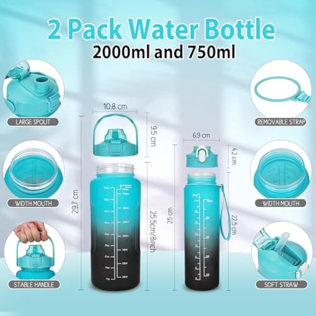 CodiCile 2 Pack Water Bottle Set - 2 Liters & 750ml With Straw, BPA Free, Motivational Canteen With Time Marking, Leakproof Large Sport Drink Bottle for Women Men