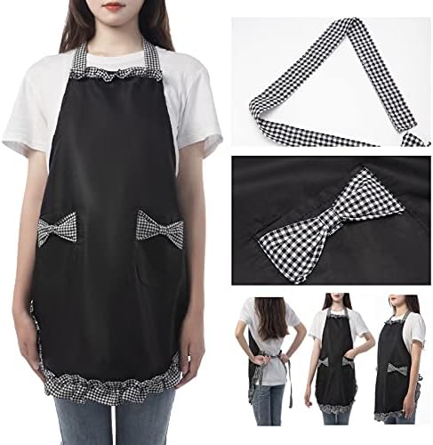 2 Pcs Women Cute Apron, Ladies Black Aprons With 2 Pockets, Waterproof Kitchen Aprons for Women, Chef Apron for Cooking Baking Gardening, Premium Aprons As Gifts for Mom Wife Girlfriend Grandma