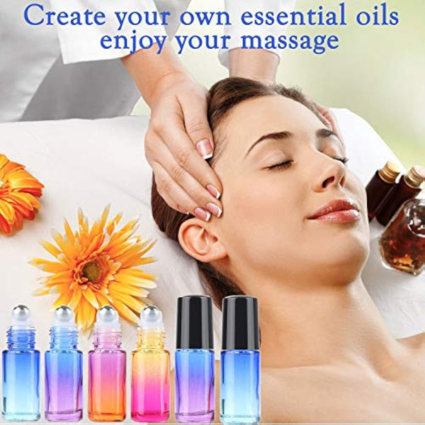 JamHooDirect 10Pcs, 5Ml Essential Oil Roll on Bottles Refillable Rainbow Glass Roller Bottles with Stainless Steel Roller Balls & Black Caps & Bottle Opener, Perfect for Aromatherapy, Fragrance
