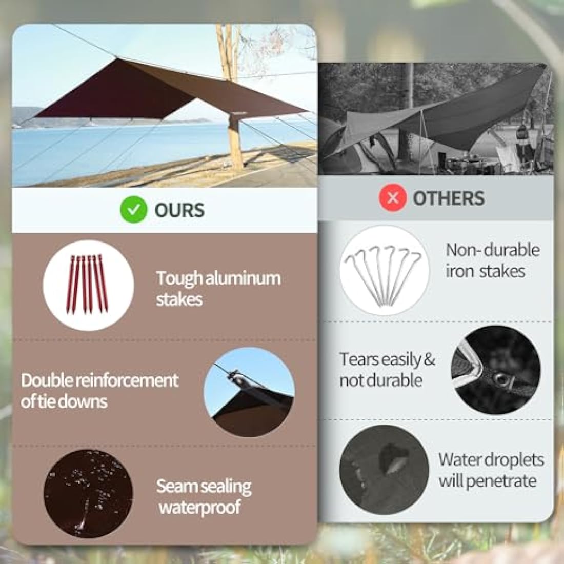 JAICOM Camping Tarp, 3x5m Waterproof PU3000mm, Anti-UV, Brown, Versatile with 11 Webbing Straps, Ideal for Camping, Picnic, Beach