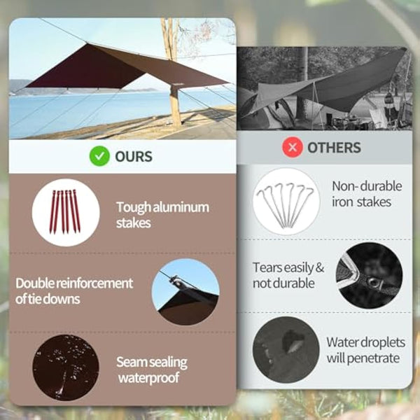 JAICOM Camping Tarp, 3x5m Waterproof PU3000mm, Anti-UV, Brown, Versatile with 11 Webbing Straps, Ideal for Camping, Picnic, Beach