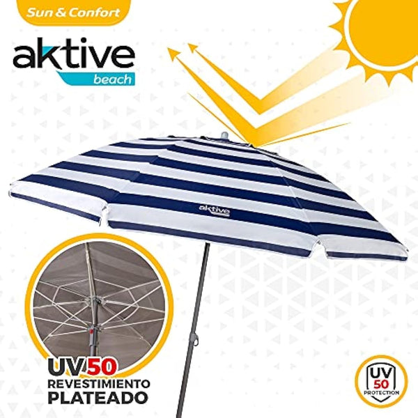 AKTIVE 62225 Beach Umbrella 220 cm Windproof Sun Shade Roof Ventilation Pole 28-32 mm UV 50 Protection Marine Stripe Design Includes Storage Bag