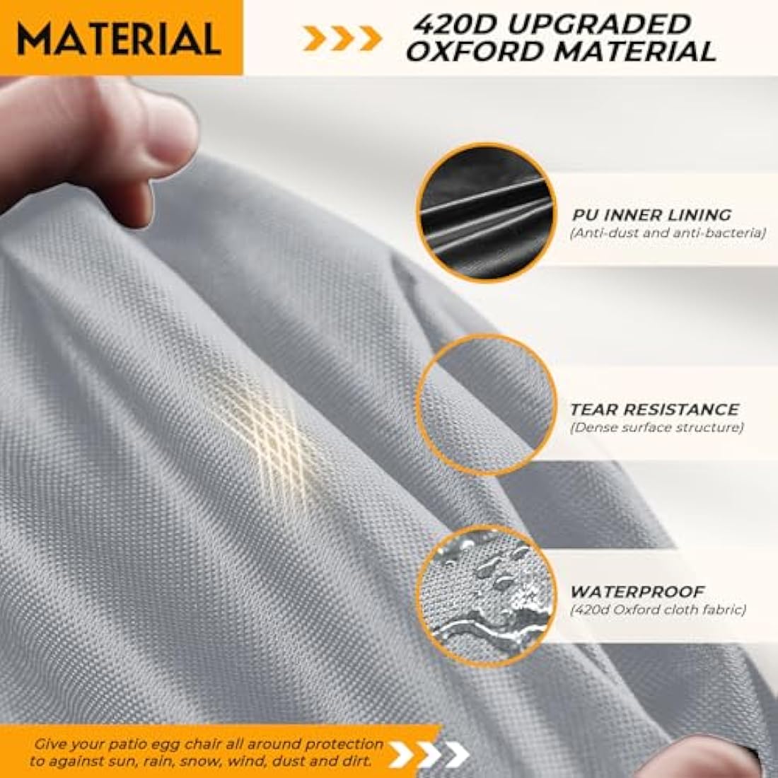 Double Egg Chair Cover - Waterproof, Hanging, 420D Heavy Duty, Oxford Fabric, Windproof, Anti-UV, 230 x 200cm (Grey)