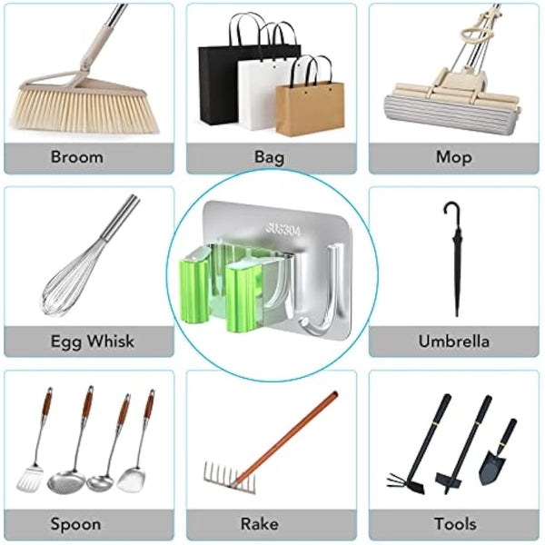 homeasy Mop Broom Holder, 4 Pcs Stainless Steel Self Adhesive Mop Holder Wall Mounted with Hooks Hanger Self-Adhesive Broom Holder for Bathroom, Kitchen, Office, Closet, Garden Garage (Green)