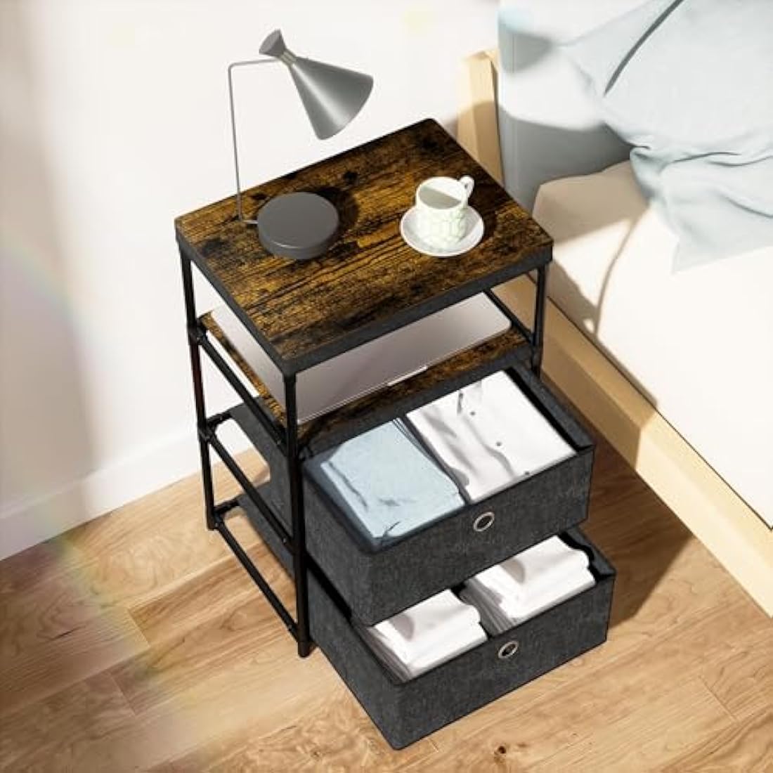 Mutool 4 Tier Side Table, End Table Sofa Side Table with Fabric Drawers for Small Spaces, Nightstand Bedside Table for Living Room Bedroom Kitchen Office, Black