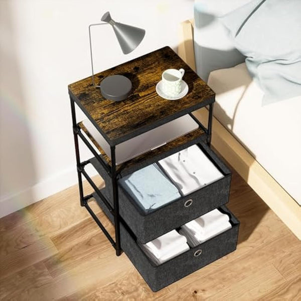 Mutool 4 Tier Side Table, End Table Sofa Side Table with Fabric Drawers for Small Spaces, Nightstand Bedside Table for Living Room Bedroom Kitchen Office, Black