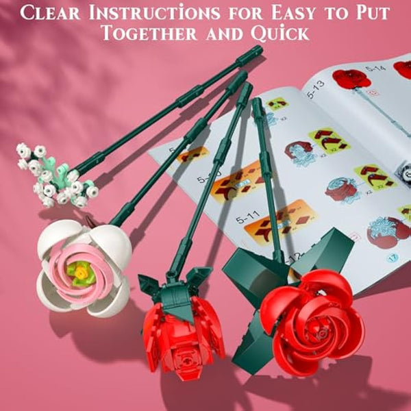 Flowers Bouquet Building Set, 841 PCS - 11 Office Home Forever Rose Decor Plant Building Kits with Vase, Gifts for Kids Birthday Adults Women Valentines Mothers Day