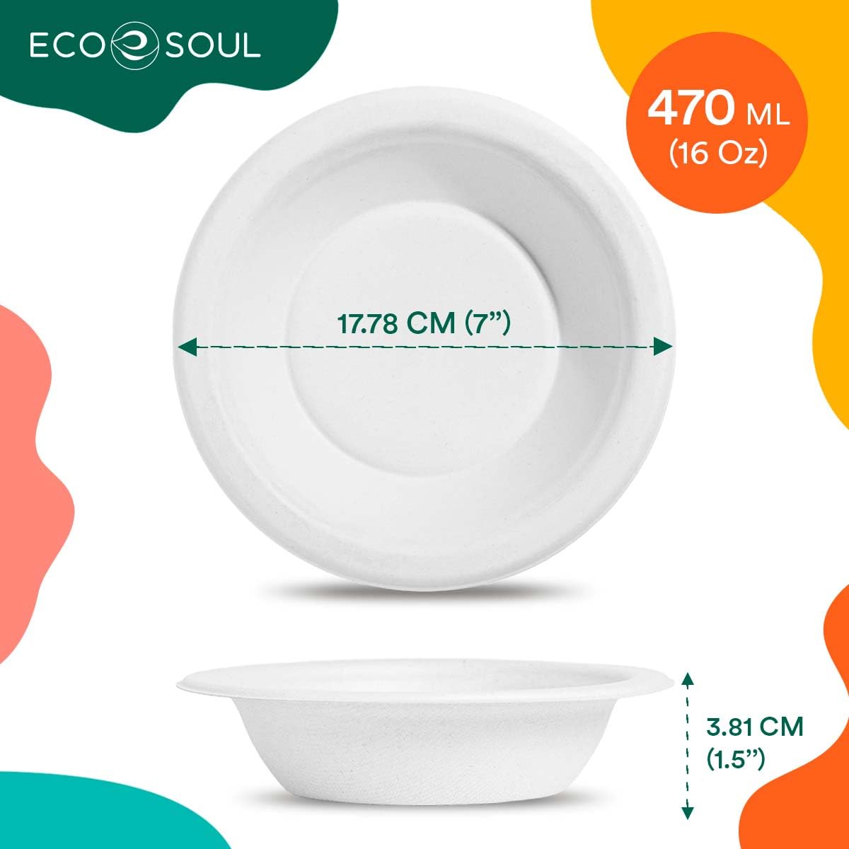 ECO SOUL 400 Pearl White Round Paper Bowl 470 Ml(16Oz) Disposable Bagasse Bowls,100% Compostable, Eco Friendly Paper Bowl for Hot Food Alternative to