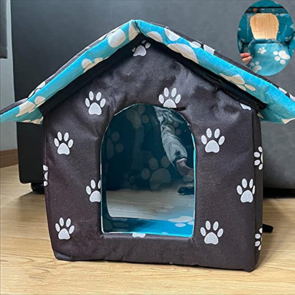 Cat House for Outdoors, Cat House for Winter, Waterproof Outdoor Pet House with Removable Transparent Curtain (Black, L)