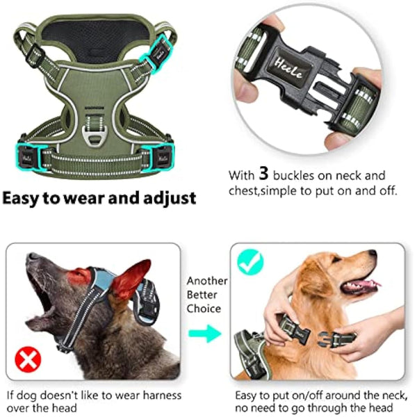 HEELE Dog Harness, No Pull, Release on Neck, Reflective, Adjustable, Padded, Green, XS