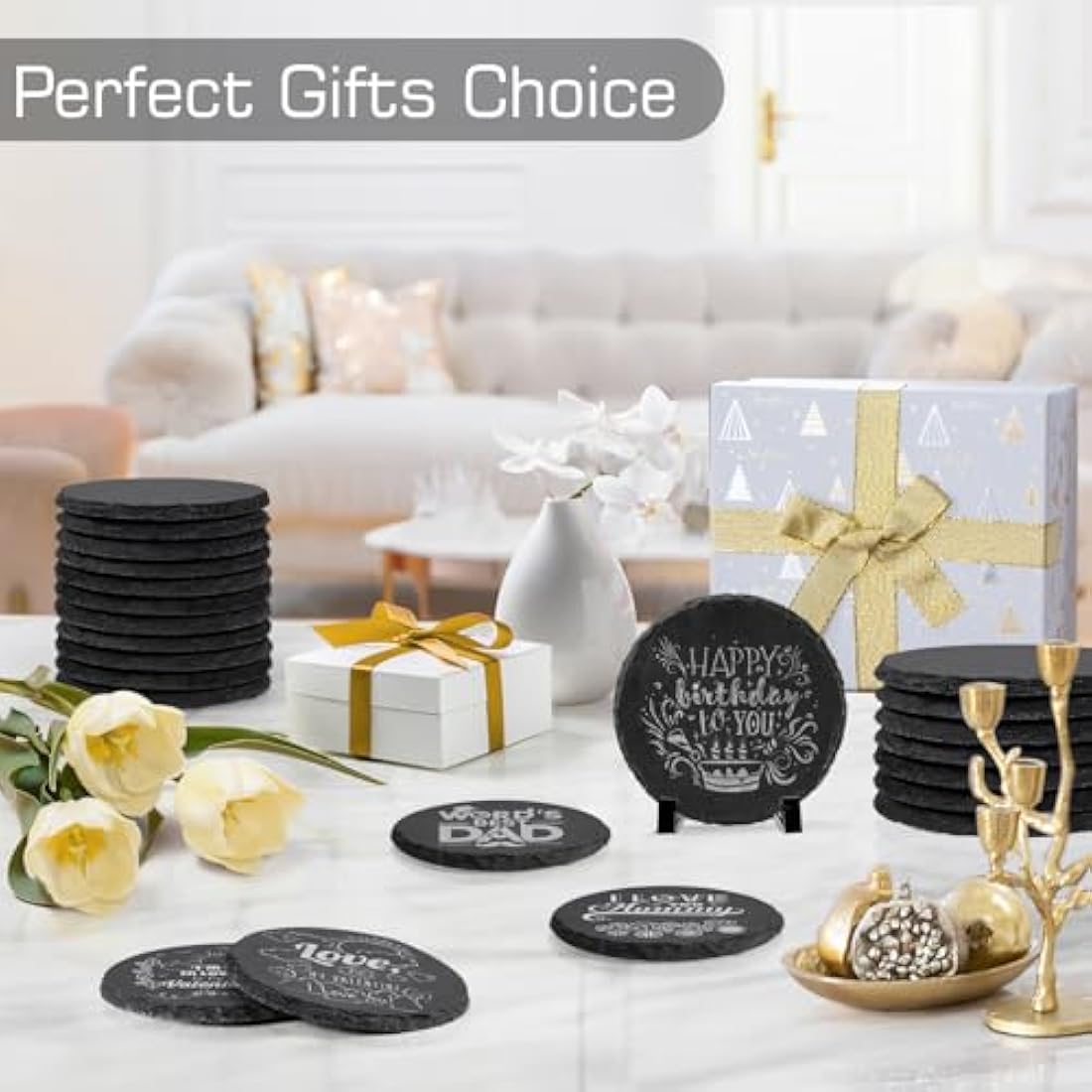 48 PCS Round Slate Coasters for Drinks, WEWINK PLUS 4 Inch Blank Black Stone Coasters Bulk with Anti-Scratch Backing for Laser Engraving, Home Decor, Bar,Wedding, Housewarming Gifts