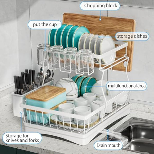 7 code Large Dish Drying Rack for Kitchen Counter,Detachable Large Capacity Dish Drainer Organizer with Utensil Holder,2-Tier Dish Drying Rack with Drain Board,White