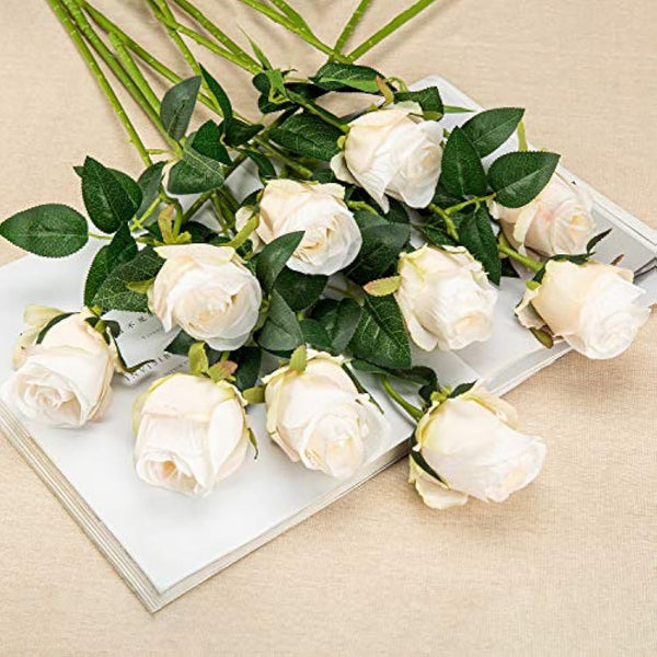 Flojery 10pcs Artificial Rose Flowers Long Stem Fake Silk Roses for DIY Wedding Bouquet Table Centerpiece Home Decor (White)