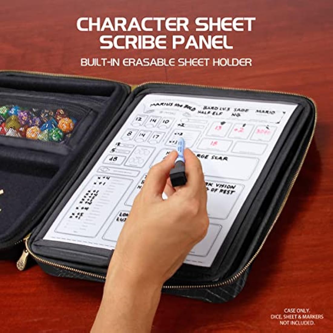 ENHANCE Collector's Edition RPG Organizer Case - DND Binder with Built-in Character Sheet Holder and Erasable Scribe Panel, Dice Rolling Area, Removable Pen Pouch, Miniature Foam Tray (Dragon Black)